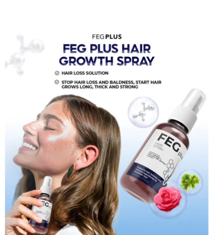 FEG Plus hair growth spray with a woman holding it and text about hair loss solution.